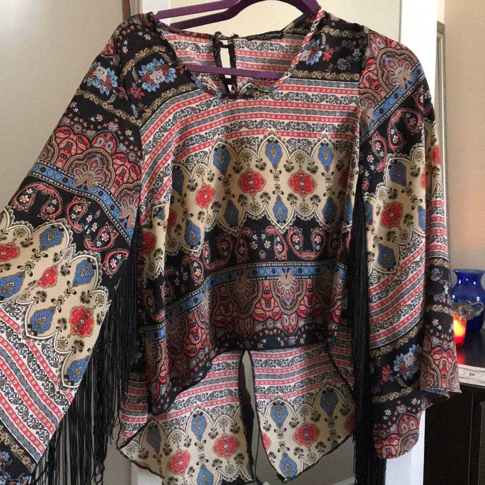 High/ Low long Fringe Sleeve Blouse